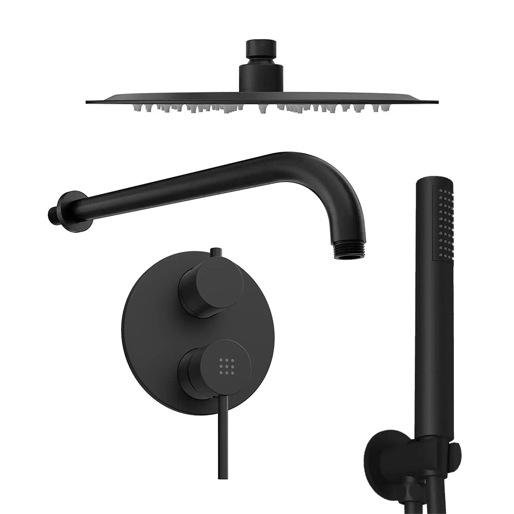 Set doccia tondo nero opaco - Miscelatore incasso 2 vie, braccio 40cm, soffione 30cm e doccino