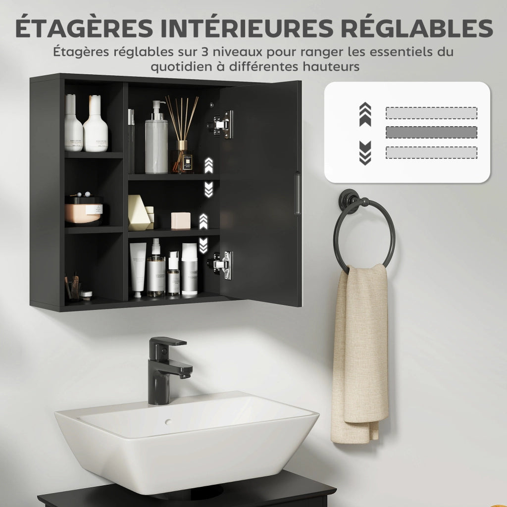 Mobiletto da bagno con specchio, ante e 6 scomparti aperti ¨C Minimal ¨C Nero 60x14.5x49.4 cm