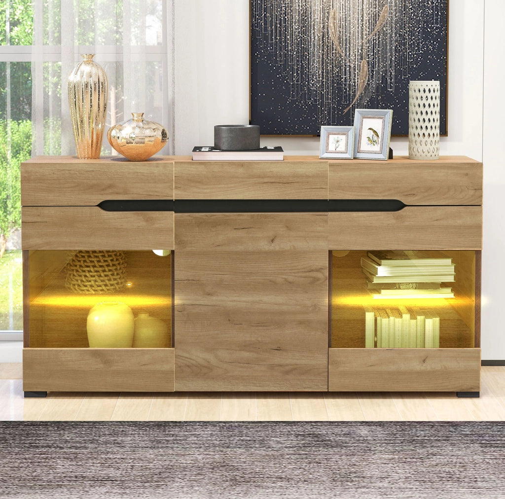 Credenza moderna rovere con LED, 3 vani e 3 cassetti