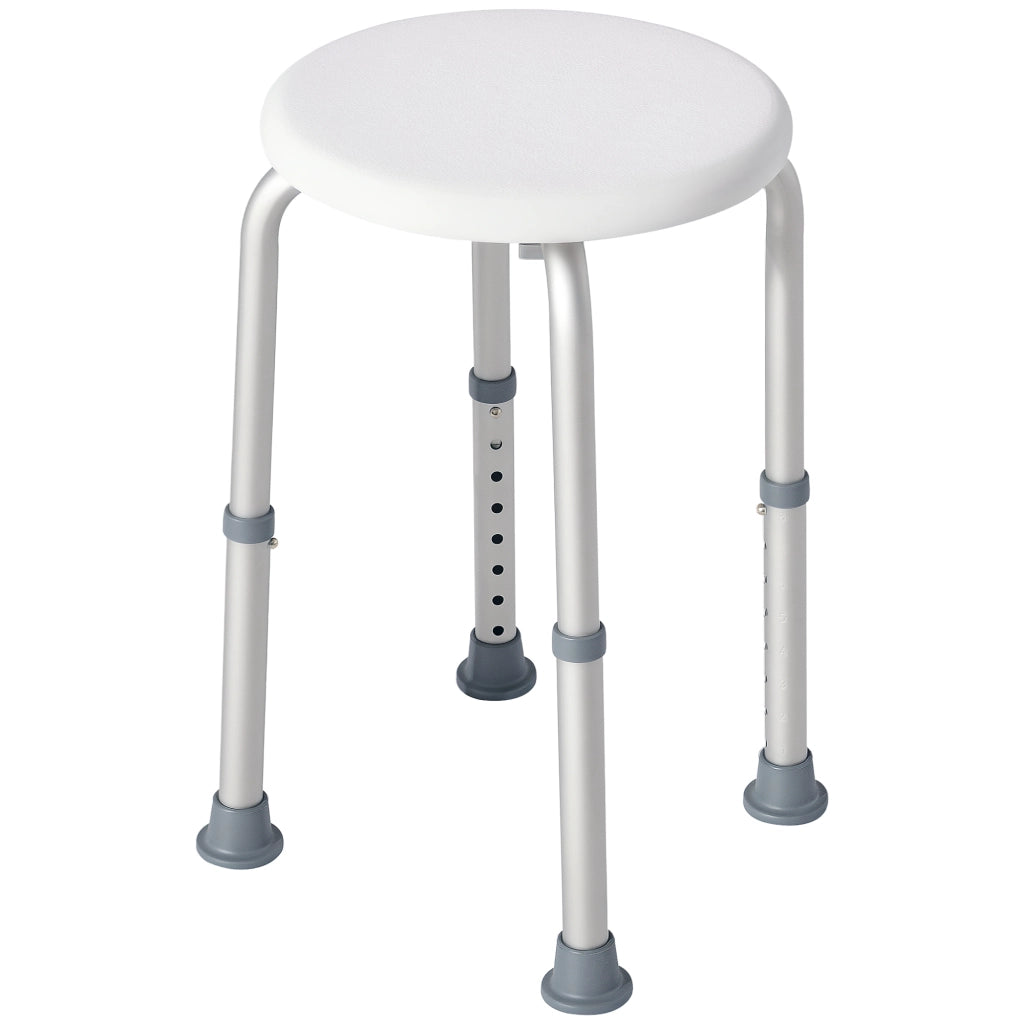 Sgabello da Doccia Girevole a 360¡ã con Piedini Antiscivolo e Regolabile in Altezza su 8 Livelli. Sgabello per Doccia in Alluminio e PE. 32.5x41x35.5-54 cm. Bianco