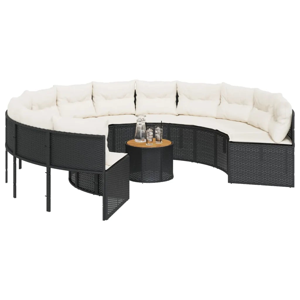 Divano Giardino con Tavolo e Cuscini Circolare Nero Polyrattan 3318548