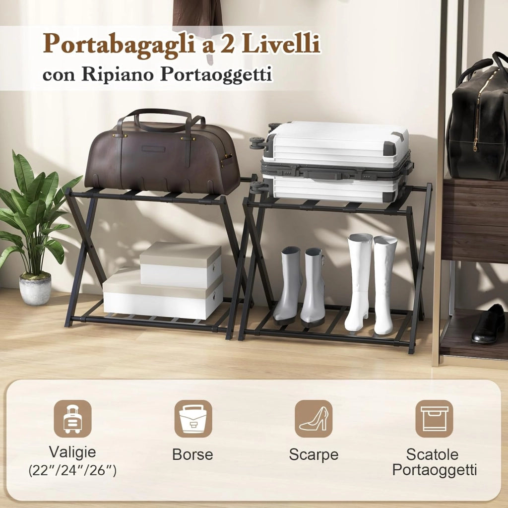 Portavaligie Pieghevole, Porta Valigie Poggia Bagaglio a 2 Ripiani, Cavalletto da Valigie, per Hotel e Viaggio, in Metallo, 68 x 43 x 56 cm (Nero 1)