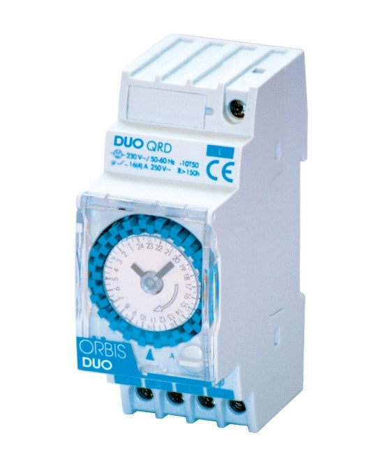 DUO QRD Interruttore orario elettromeccanico 2 moduli DIN, giornaliero, riserva 150 ore, 230V – ORBIS