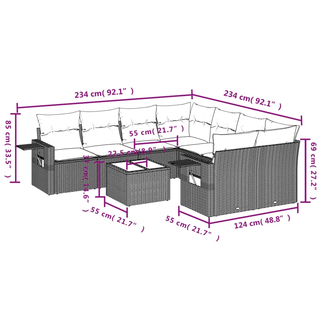 Set Divano da Giardino 9 pz con Cuscini Grigio in Polyrattan 3219959