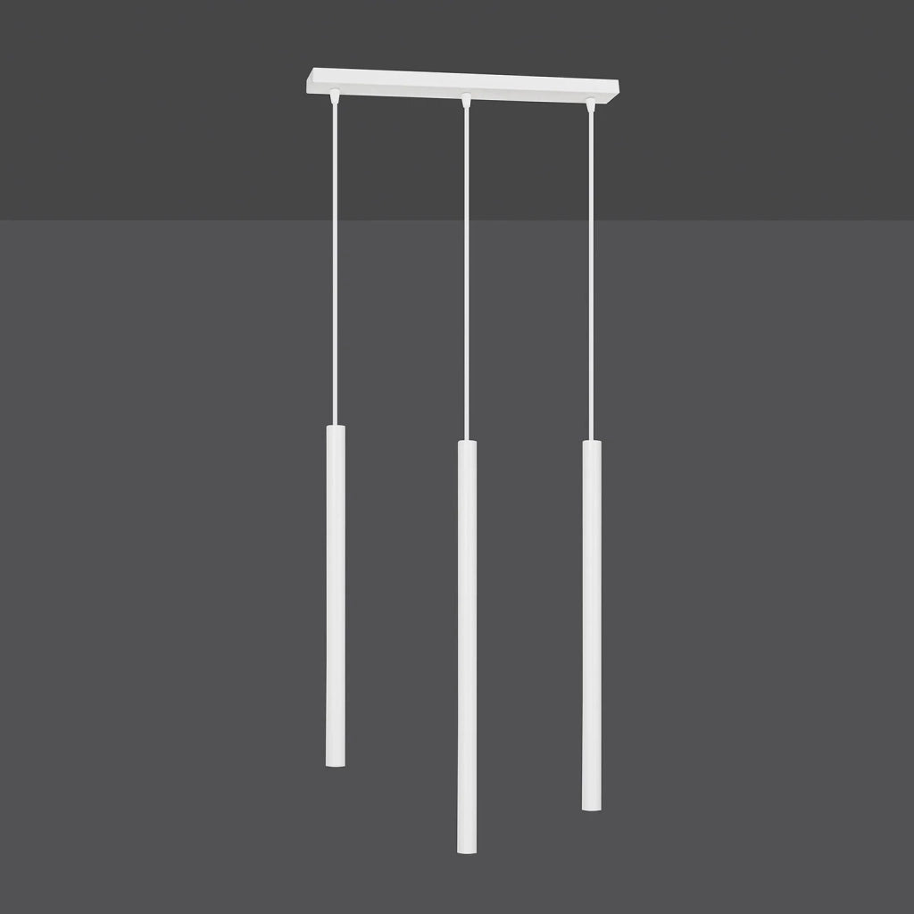 Lampadario 3 Luci Moderno Shu Acciaio Bianco E Paralumi A Cilindri Sottili