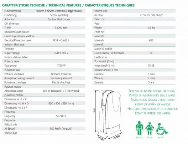 Asciugamani elettrico a parete Tornado Protech BF in plastica bianco
