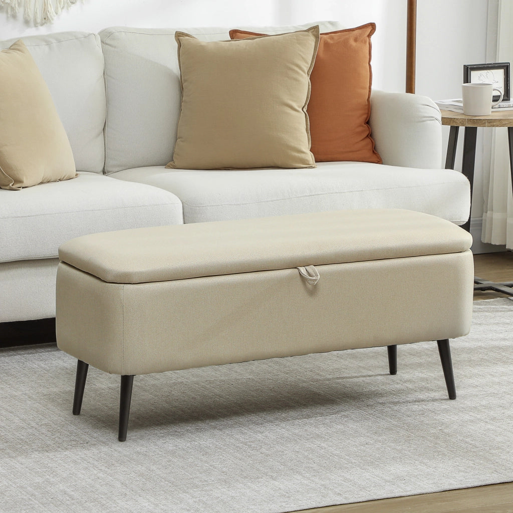 Panca contenitore ingresso con seduta imbottita ¨C Xylo ¨C Tessuto beige e acciaio nero 102x40x39,5 cm