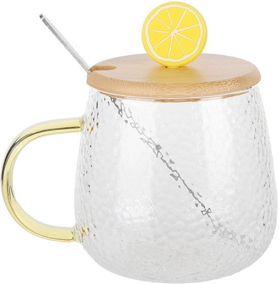 Tazza Resistentente al Calore - Vetro Borosilicato - Cucchiaio in Acciaio Inossidabile - Tappo - Leggero - Design Elegante - Tazza in Vetro
