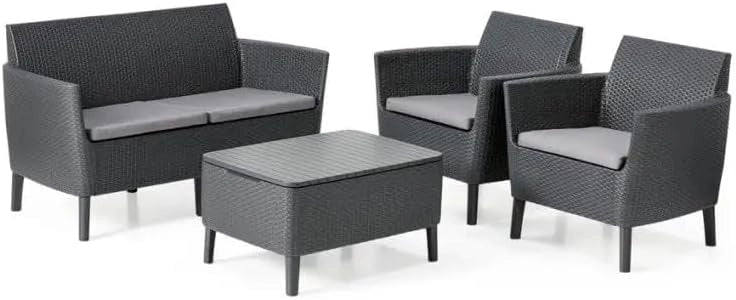 Salottino da Esterno Salemo Lounge Set 4 Pezzi in Resina Effetto Rattan con Tavolino Contenitore e Cuscini Colore Graphite Keter