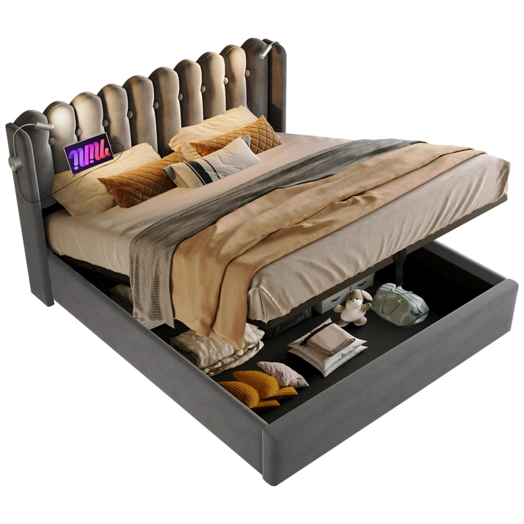 Letto matrimoniale – 160x200 cm – luce USB contenitore – velluto grigio