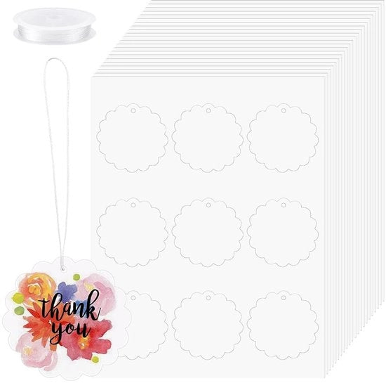 Etichette per regalo in forma di fiore, con corda in poliestere, 270 pezzi, 6,35 cm, preforati, marrone, carta.
