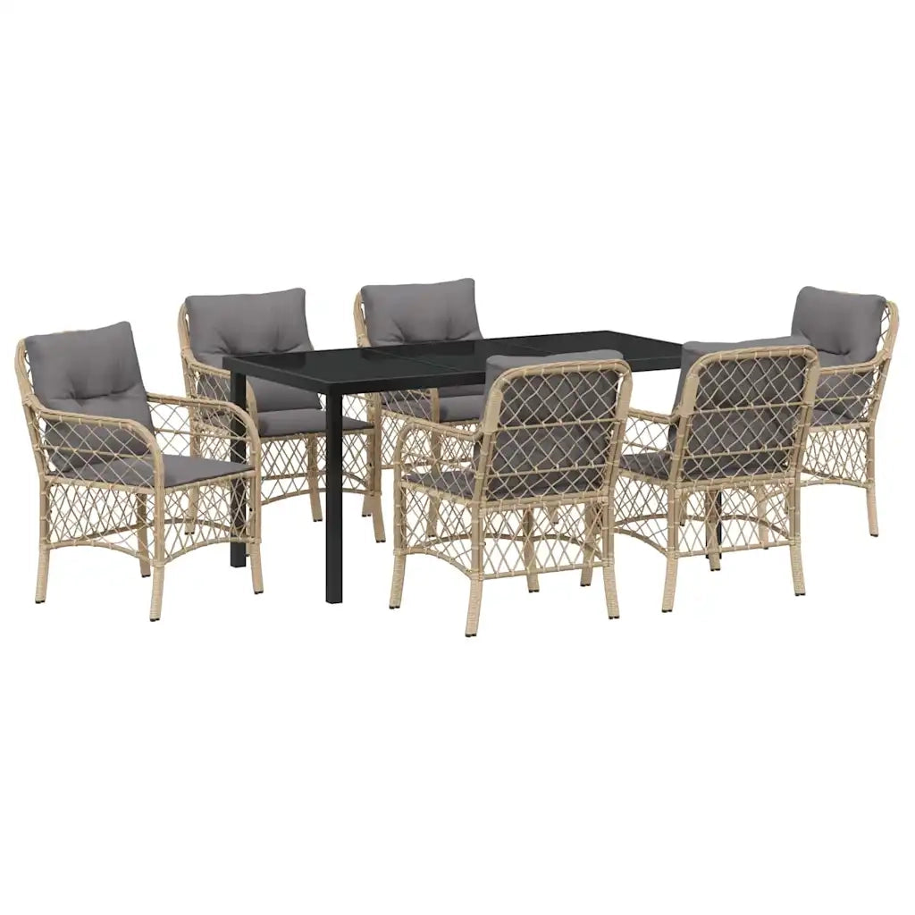 Set da Pranzo per Giardino con cuscino 7 pcs Beige polyrattan