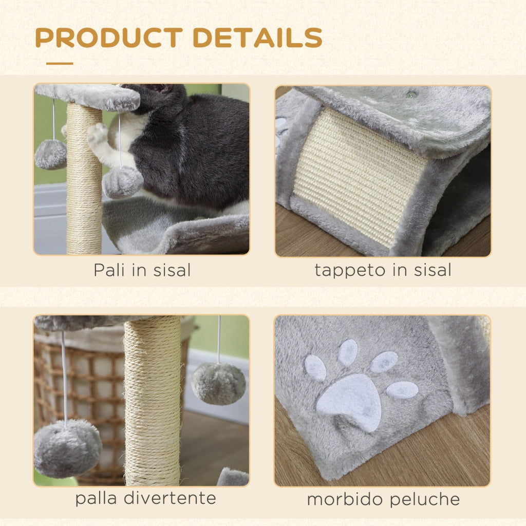 Tiragraffi per Gatti con Cuccia e Palline ¨C Minimal ¨C Grigio 40x30x43cm