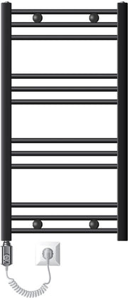 Riscaldatore elettrico per bagno con elemento di riscaldamento 600W, dimensioni 500x800 mm, colore antracite, posizionamento laterale.