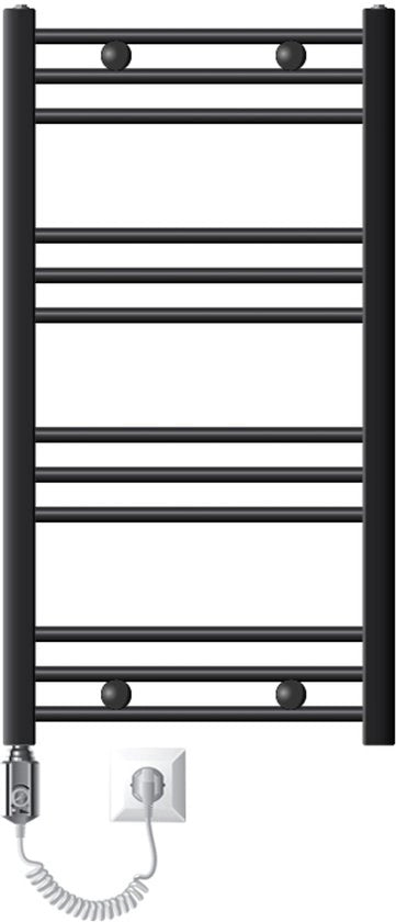 Riscaldatore elettrico per bagno con elemento di riscaldamento 600W, dimensioni 500x800 mm, colore antracite, posizionamento laterale.