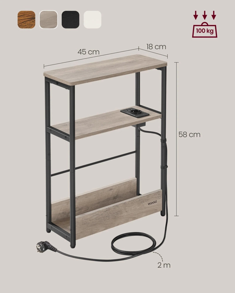 Tavolino sottile con multipresa comodino a 3 ripiani tavolino per piccoli spazi portariviste soggiorno camera da letto ufficio tavolini grigi 12_0007558