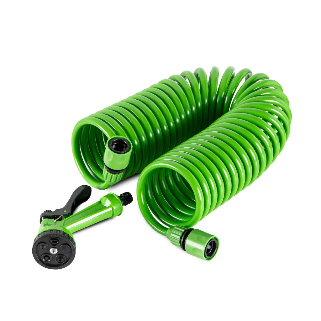 Tubo Irrigazione Spiralato con Pistola Multifunzione 7,5 / 10 / 15 m Estensibile da Giardino con Raccordi Rapidi 15 Metri