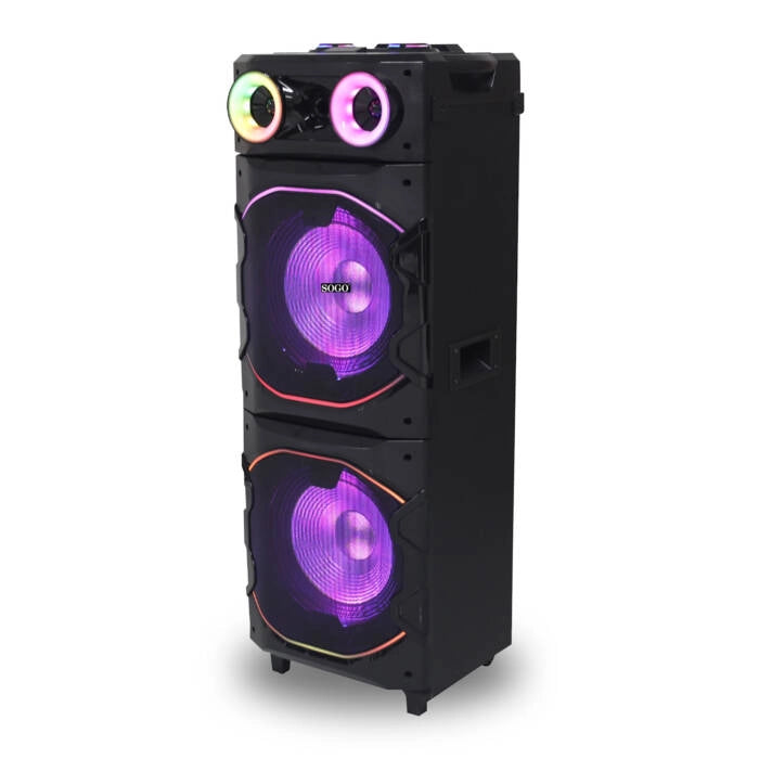 Cassa bluetooth portatile da festa 2000W PMPO, doppio altoparlante 12 pollici, karaoke con microfono wireless, luci LED multicolore - SOGO