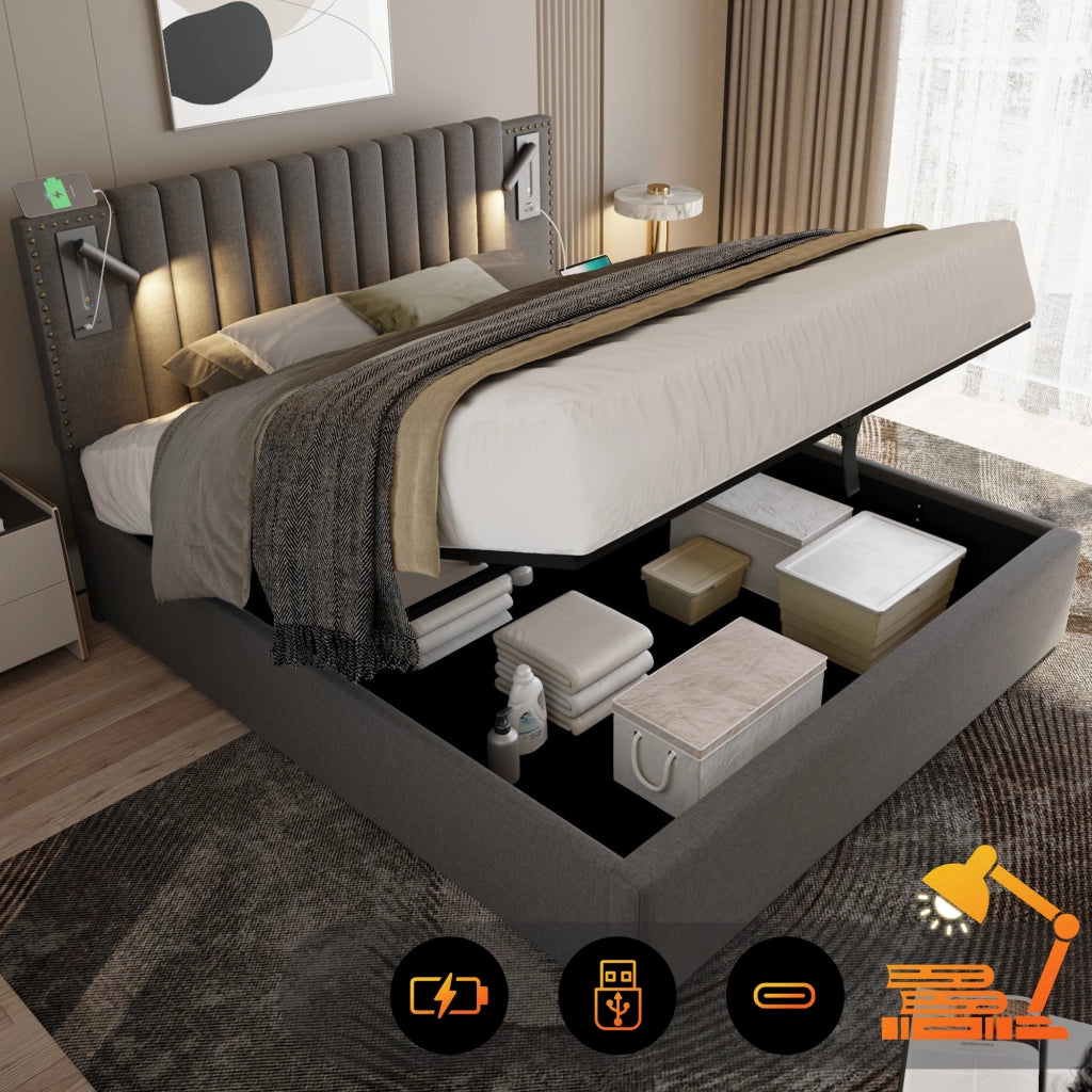 Letto matrimoniale – 160x200 cm – luce USB borchie rete – cotone grigio