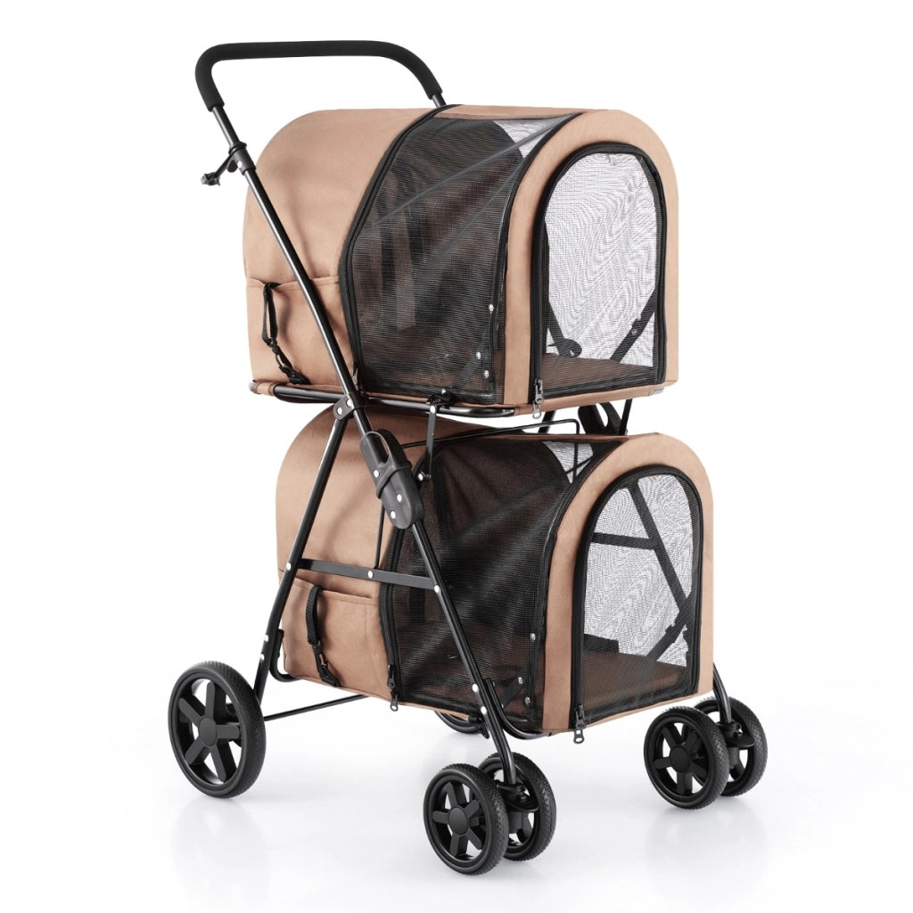 Passeggino pieghevole per animali a doppio livello con 4 ruote, Passeggino 4 in 1 per cani e gatti Beige-Giochi e accessori per cani