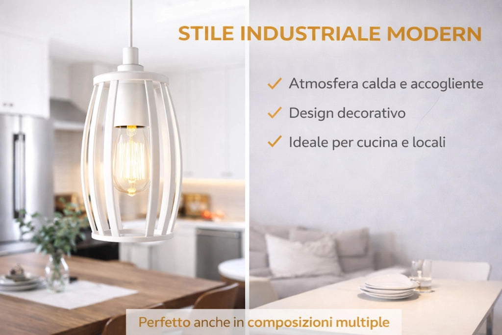 Lampadario Industriale a Sospensione E27 Bianco in Metallo, Gabbia Vintage, Lampada a Soffitto per Cucina Isola Soggiorno Ristorante, Lampadina Non Inclusa