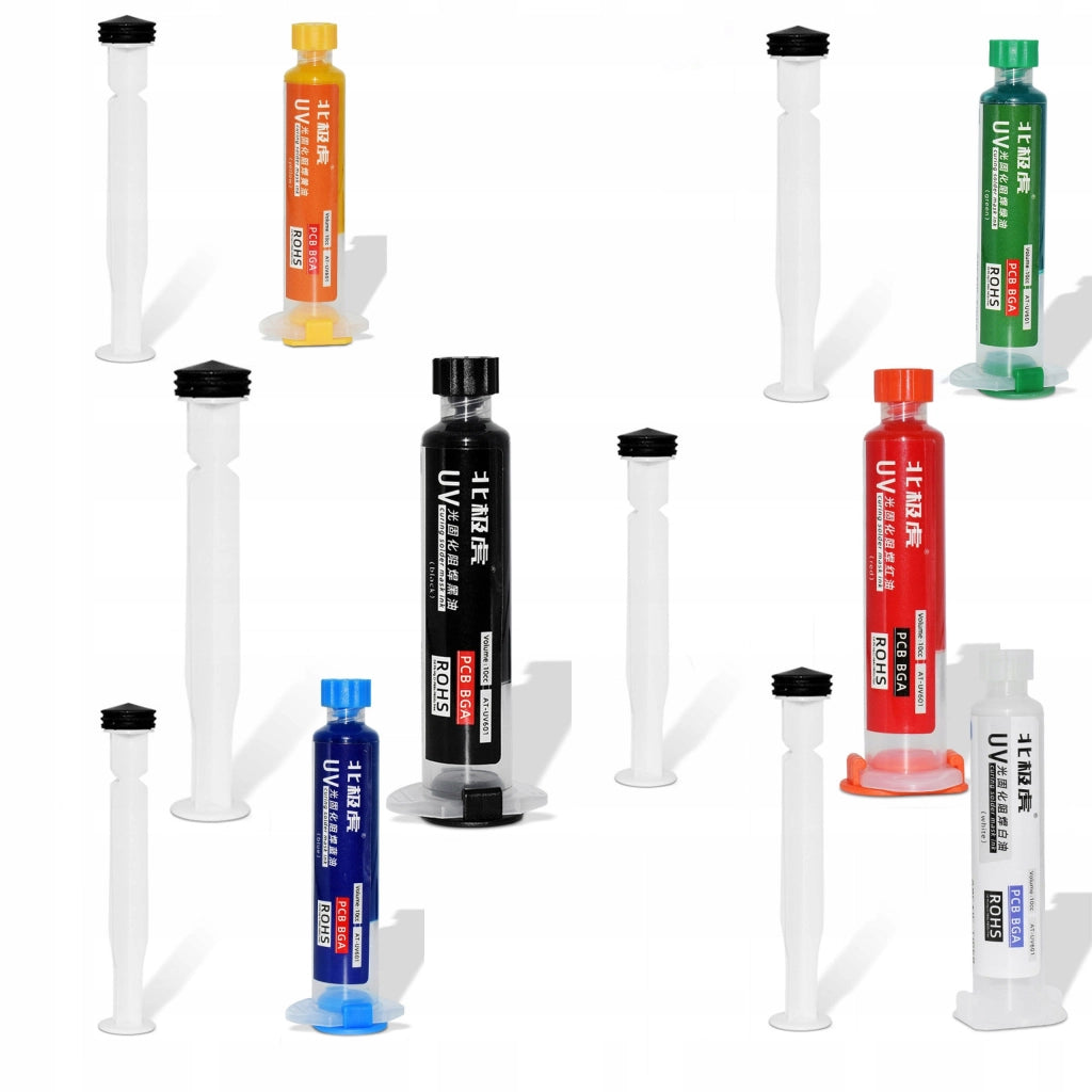 Set Soldermaska UV 10ml con Tappo – Colori Bianco, Nero, Rosso, Verde, Arancione, Blu | Protezione PCB