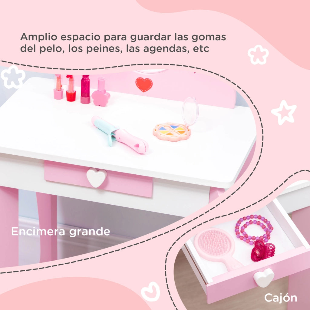 Tocador per bambini con specchio e sgabello ¨C zephmum ¨C rosa 50x36,5x89,5cm