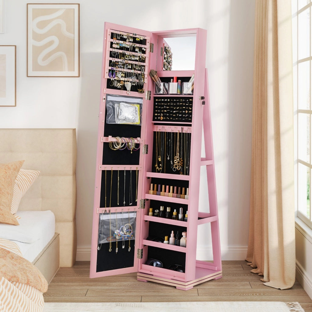 Armadio portagioielli girevole a 360¡ã con specchio, Organizer gioielli 2 in 1 a figura intera Rosa