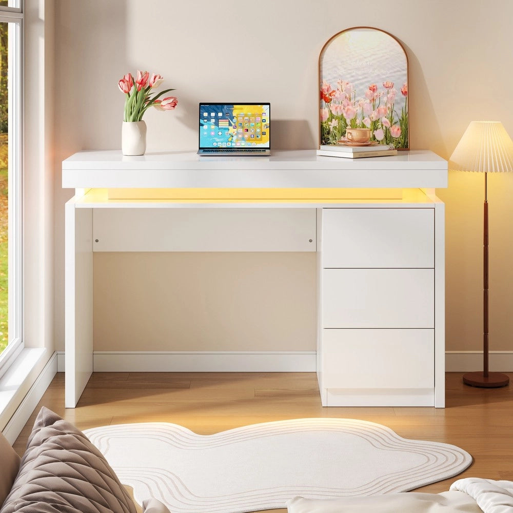 Scrivania moderna con LED - Zephmum- 120¡Á50¡Á78,5 cm- Tre cassetti, superficie estesa, gambe rinforzate, illuminazione regolabile