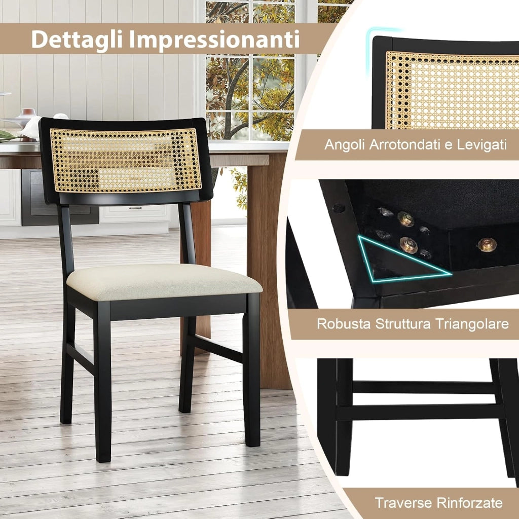 Set di 2 Sedie da Pranzo in Rattan, Sedie da Cucina Imbottite con Rivestimento in Tessuto, Gambe in Legno e Schienale Curvo per Soggiorno, Sala da Pranzo e Ristorante, Portata 180 kg
