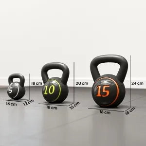 Set Kettlebell, 3 Pesi da 2,2 kg/4,5 kg/6,8 kg, Rivestimento in Plastica, Nero