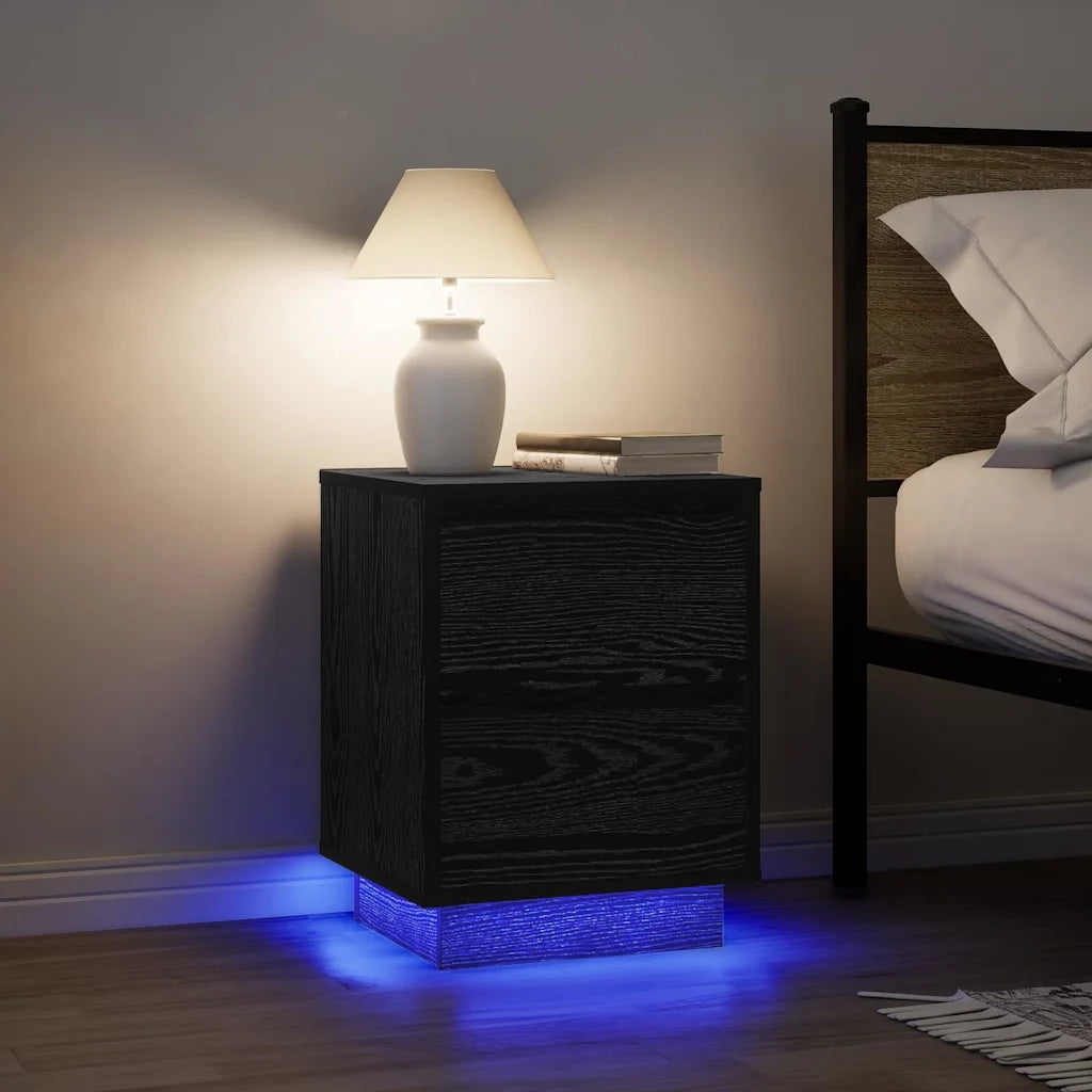Comodino | Armadio da Notte | Mobiletto da notte con Luci LED Nero 38x34x50 cm
