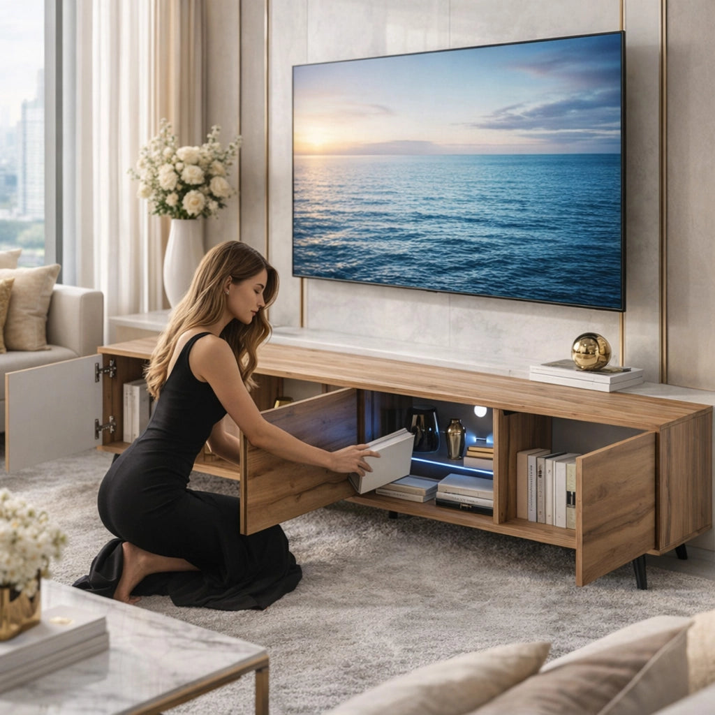 Porta Televisore Mobile TV Con 3 Ante Battenti Vano Centrale Ripiano In Vetro E LED In Melaminico Piedini In Metallo Per Soggiorno Salotto Zona Living 175 x 40 x 31.5 cm Rovere