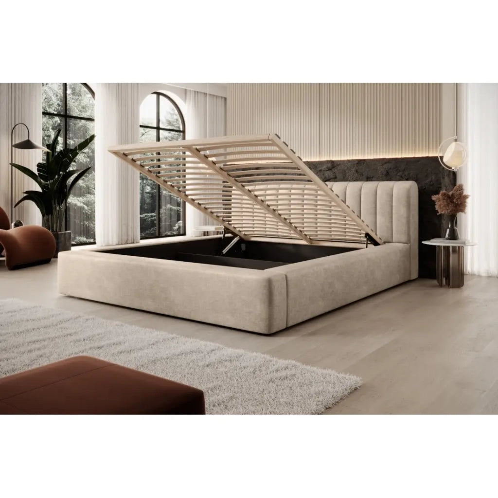 Letto contenitore CERVIN – Velluto morbido Nude Sablé – 140x200 cm – Rete sollevabile – Design elegante