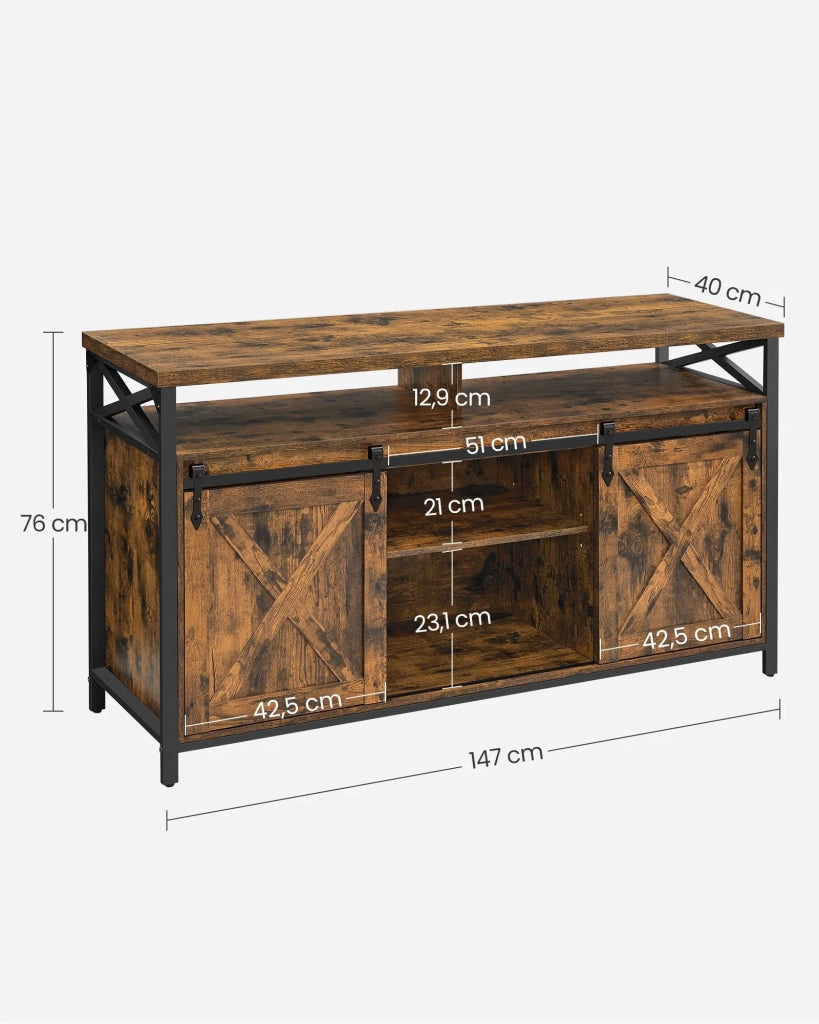 Mobile porta TV per TV fino a 65 pollici con ripiani regolabili 40 x 147 x 76 cm ante in stile fienile rustico struttura in metallo marrone e nero rustico 12_0006574