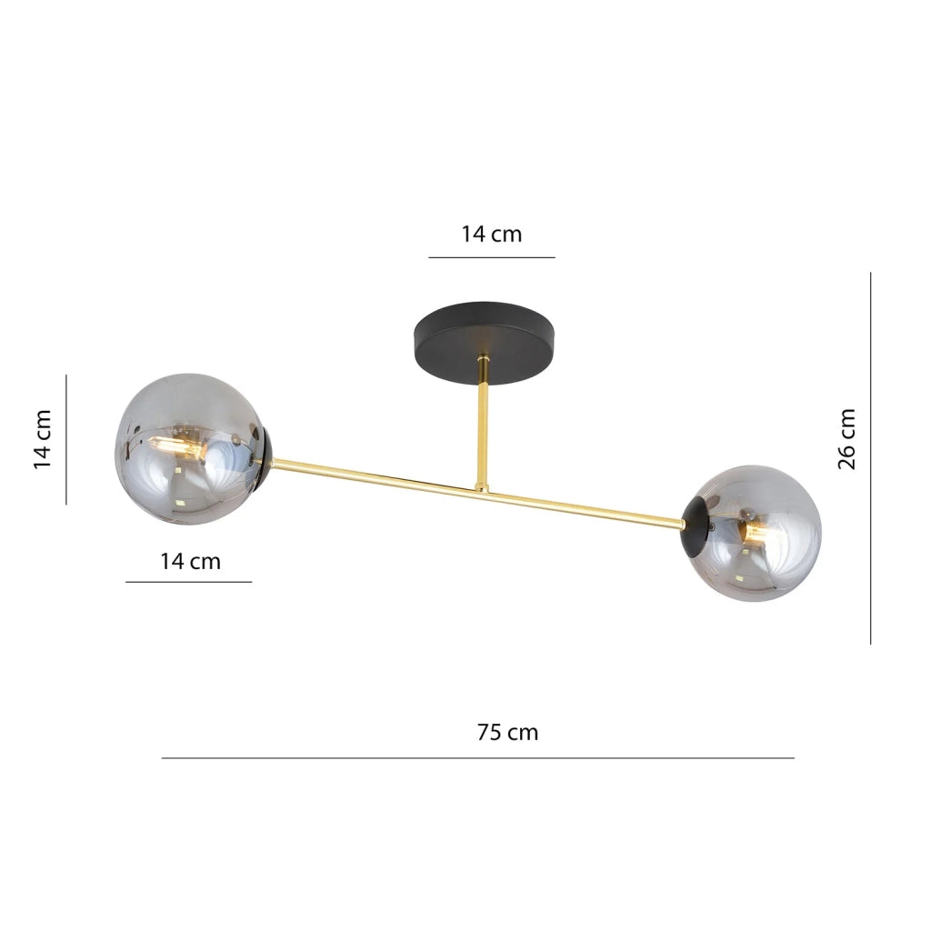 Plafoniera Moderna Magnium 2 Luci In Acciao Oro E Sfere In Vetro Fumè
