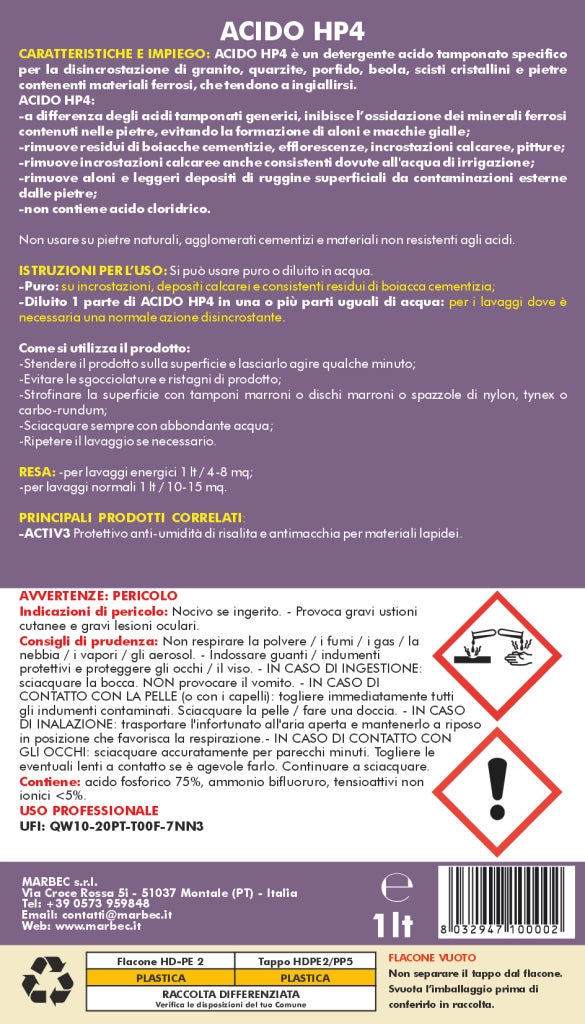 Detergente Acido tamponato per profido e granito ACIDO HP4    1LTx6Pz