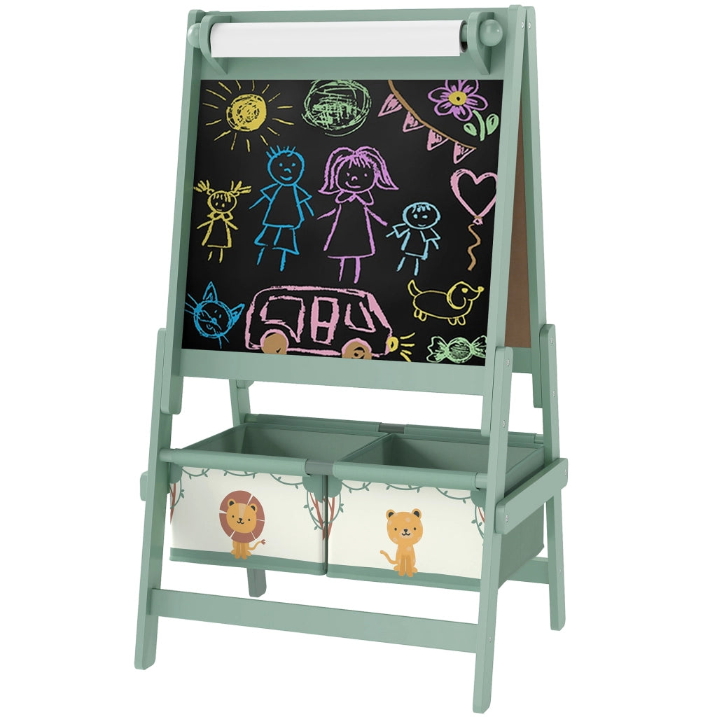Lavagna per Bambini 3 in 1 con Cavalletto. Rotolo di Carta e 2 Cestelli. in Legno. 54x46x94 cm. Verde