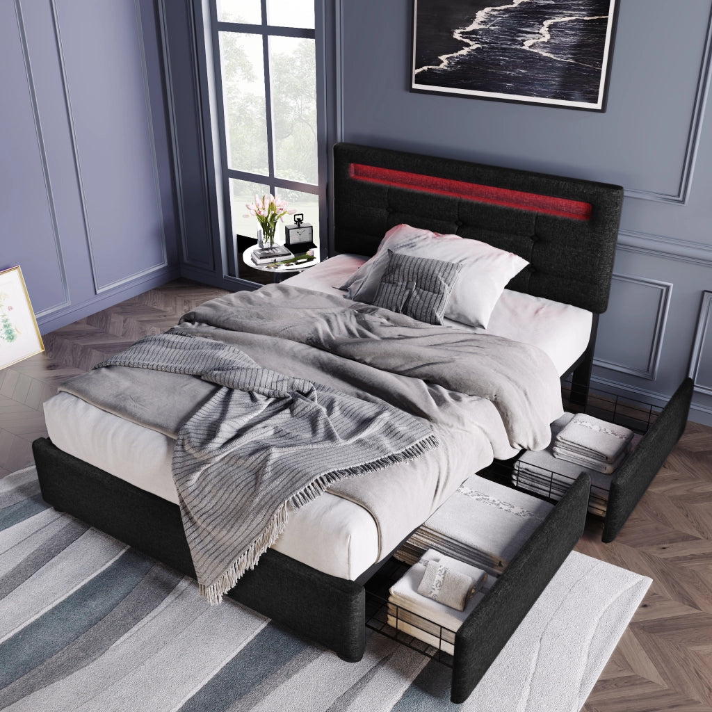Letto singolo – 90x200 cm – LED 2 cassetti con materasso – legno nero
