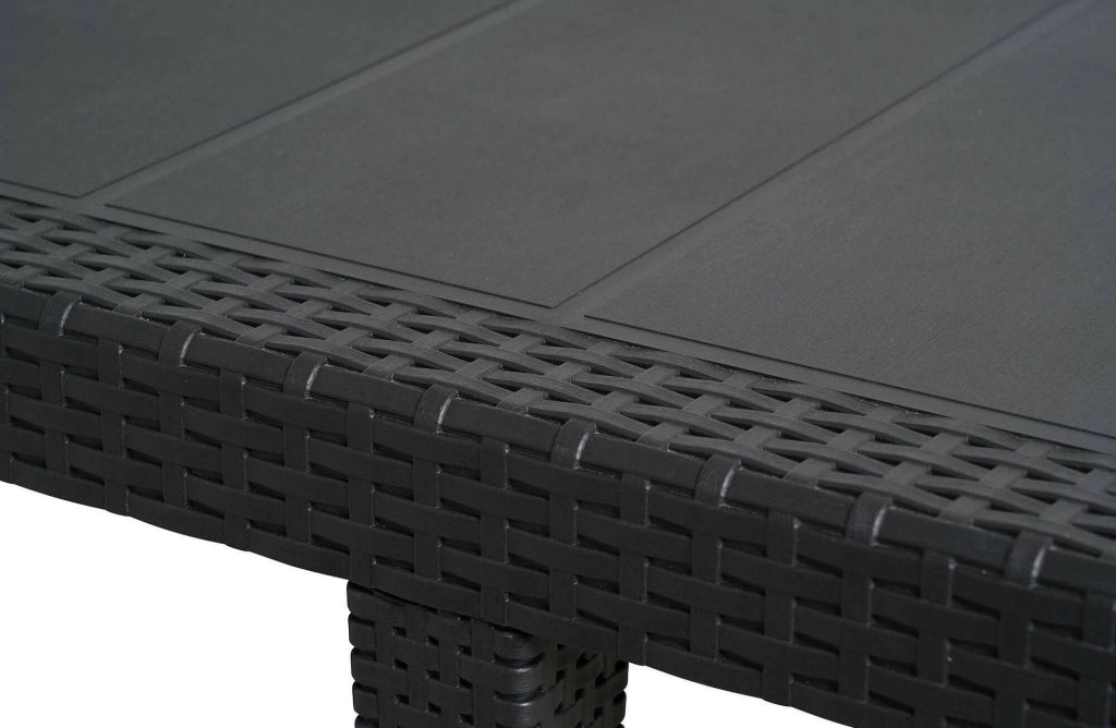Set tavolo e sedie Arret, Ripiano rettangolare allungabile da esterno con 4 sedie incluse, Tavolo e sedute da giardino effetto rattan, 100% Made in Italy, Antracite