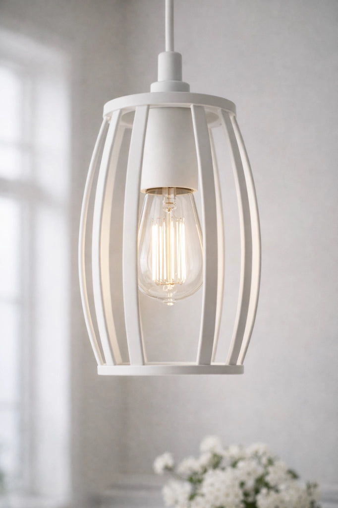 Lampadario Industriale a Sospensione E27 Bianco in Metallo, Gabbia Vintage, Lampada a Soffitto per Cucina Isola Soggiorno Ristorante, Lampadina Non Inclusa