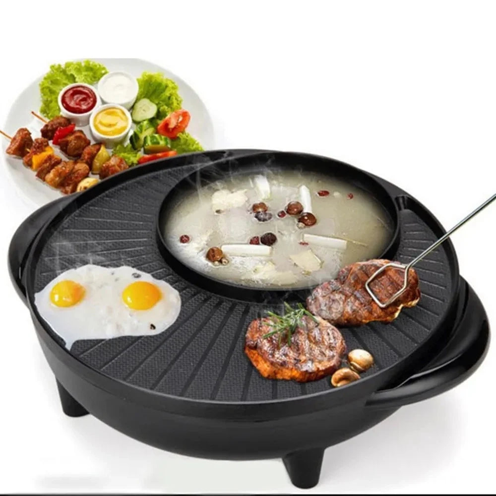 Trade Shop - Griglia Elettrica Con Pentola Coperchio Multifunzione 2in1 Barbecue Zuppe Hot Pot Or-8192 -