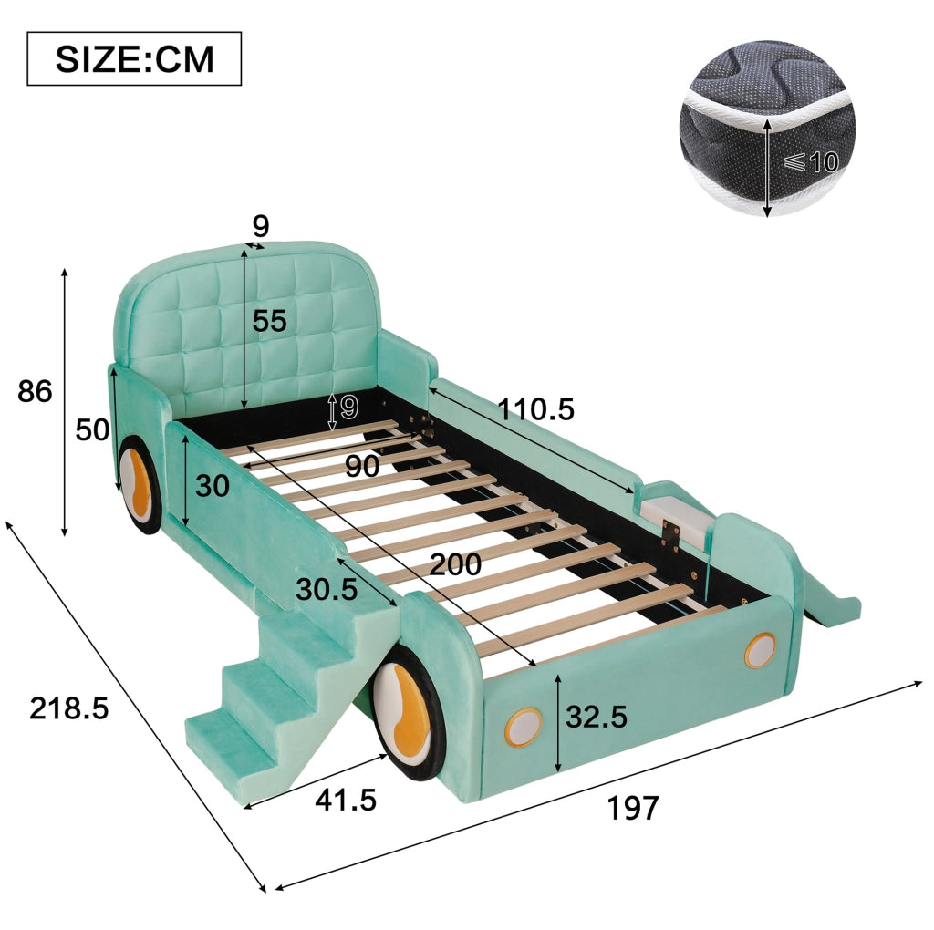 Letto per bambini a forma di auto con scivolo e scala reversibili; 90x200 cm; velluto blu-verde