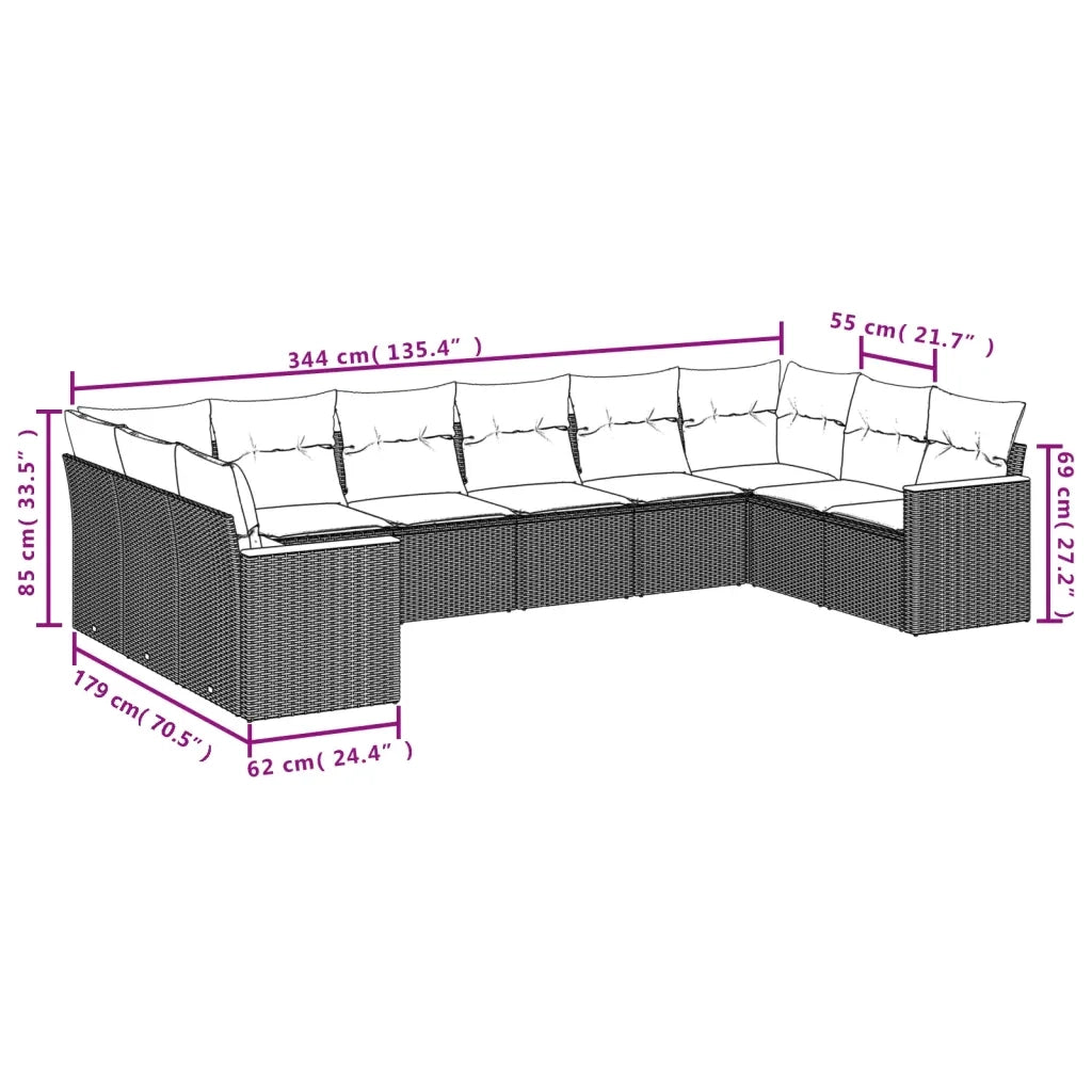 Set Divani da Giardino 10pz con Cuscini in Polyrattan Nero 3226322