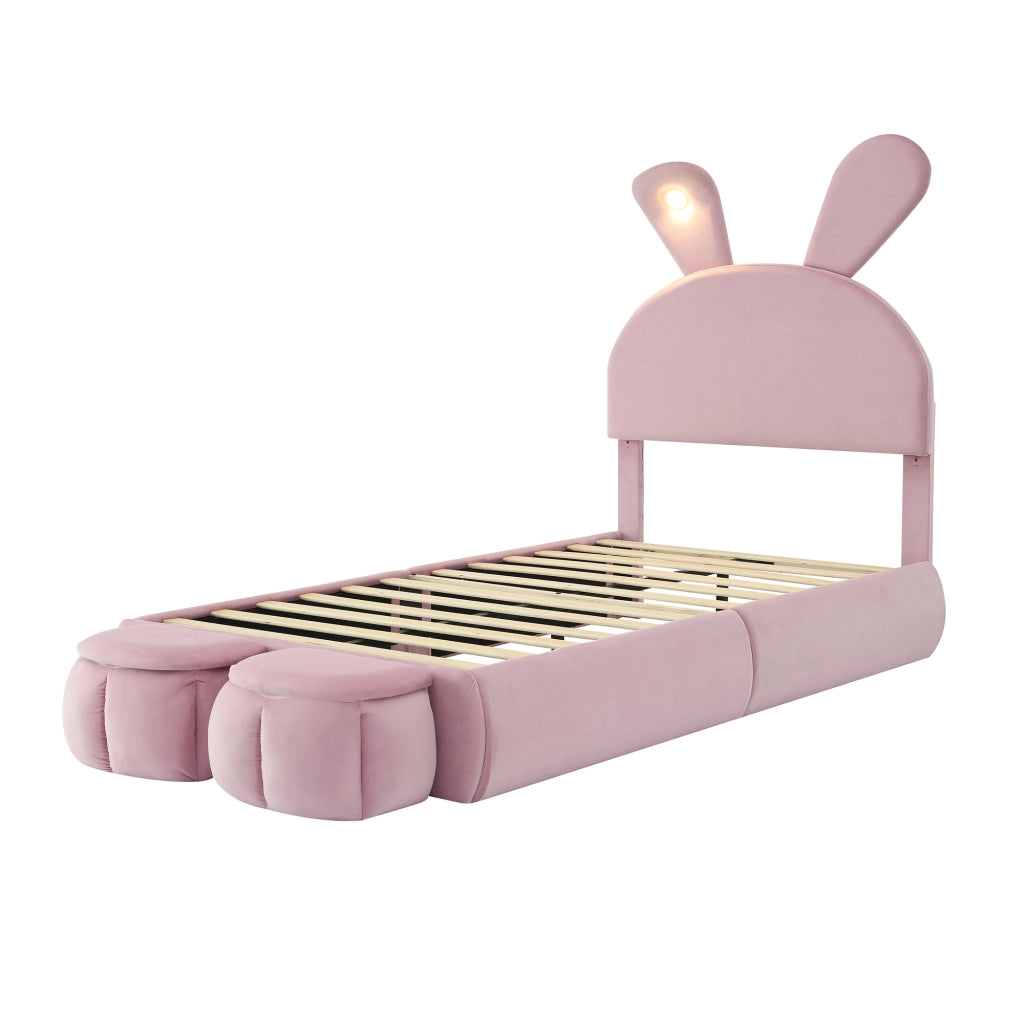 Bunny Kids Bed;90x200 cm;with adjustable LED lights;stools;pink velvet