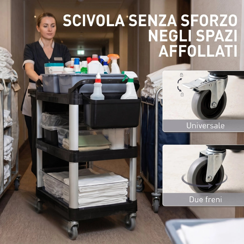 Carrello Pulizie Professionale 115x50x100 cm a 3 Ripiani con 2 Contenitori Rimovibili Bidone Laterale e 4 Ruote in PP