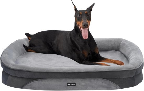 Letto per cani ortopedico, canile, cuscino a quattro punti per collo, fondo antiscivolo, casetta per cani, rimovibile e lavabile, per cani grandi, 122 x 90 x 19 cm, grigio chiaro.