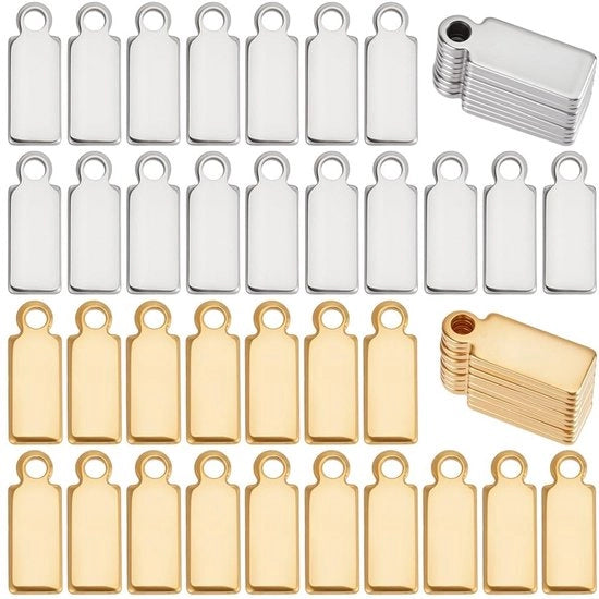 Etichette di metallo in acciaio inossidabile 100 pezzi - Etichette rettangolari - Gatto 1,4 mm - Giallo/Argento - Etichette di metallo resistenti e resistenti al taglio - Etichette da appendere