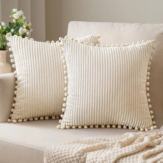 Set di 2 cuscini decorativi in corduroy - 30 x 50 cm - con pompon - cuscini decorativi soffici e accoglienti - cuscini bohemien decorativi - adatto per letto, divano, salotto, arredamento - Beige - 30*50cm
