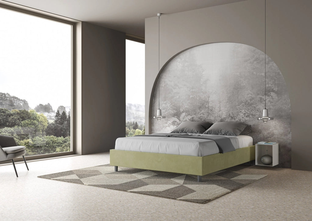 BS COM Letto matrimoniale francese contenitore imbottito 140x200 microfibra tè verde